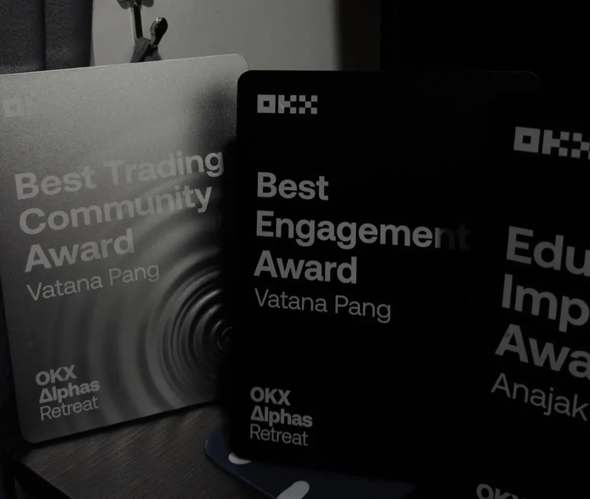 OKX award plaques for Vatana Pang: Best Trading Community and Best Engagement